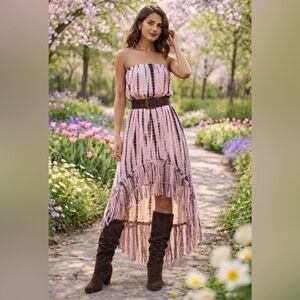 Y2K Boston Proper NWT Pink/Brown Tie Dye Strapless Hi/Low Fringe Dress fits med